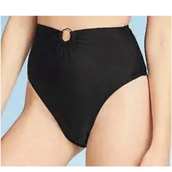 NWT Shade & Shore Swimwear Sz S Black Bikini Bottoms w Metal Ring Accent - Picture 1 of 7